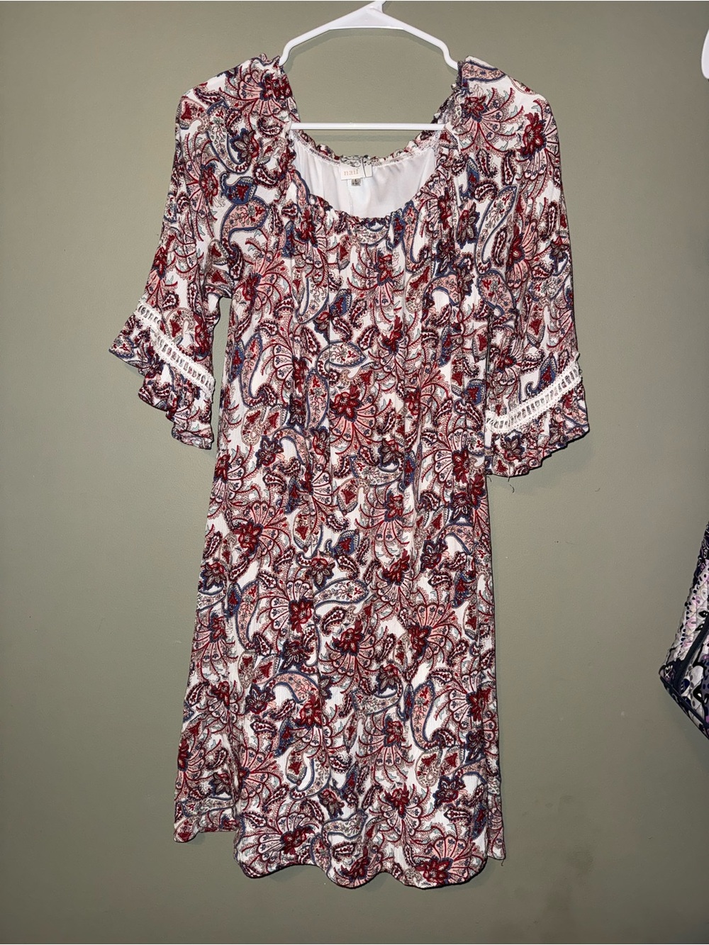 NAIF White Midi Dress with Red and Blue Paisley Print